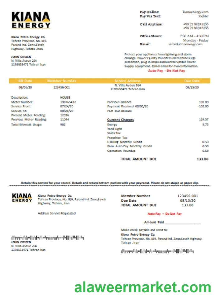 Iran Kiana Petro Energy Co utility bill